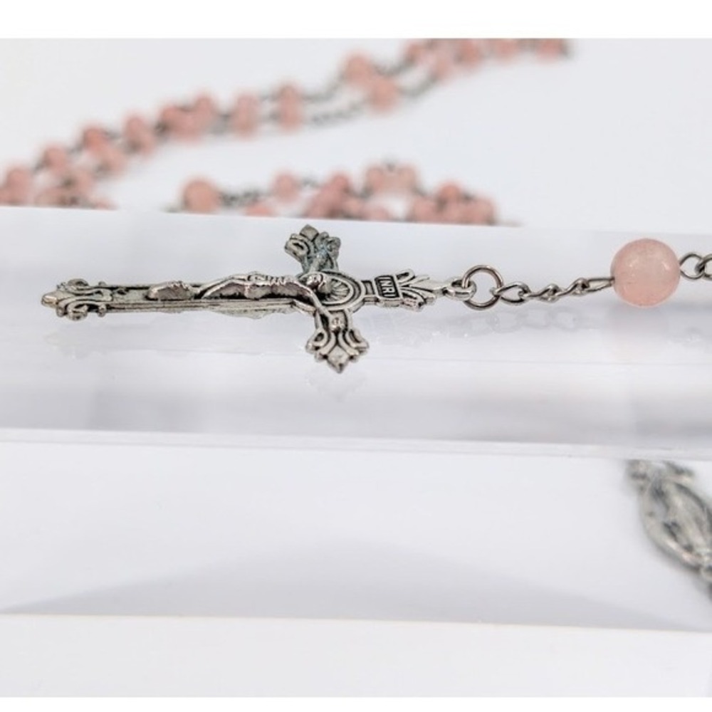 VTG Pink Bead Rosary Miraculous Medal Virgin Mary Silver Tone Crucifix Necklace - Picture 9 of 11